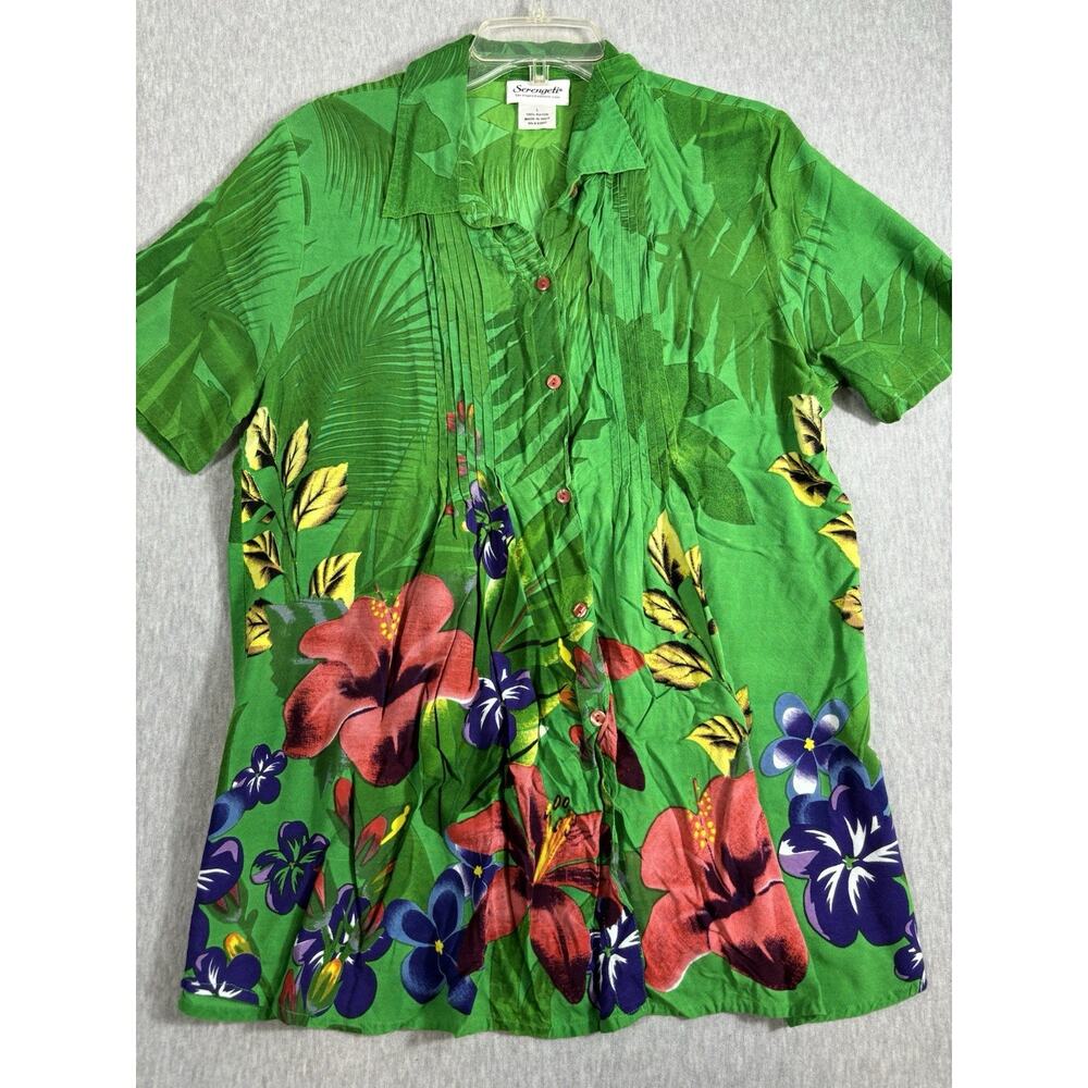 Serengeti Hawaiian Shirt Tunic Size L Rayon Green Floral Short Sleeve Pintucks